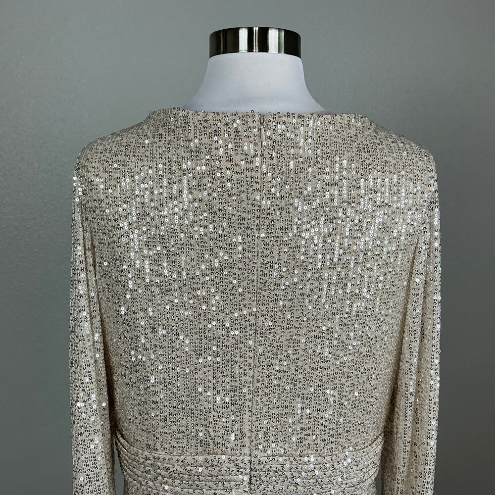 Mac Duggal 26490 Champagne Silver Evening Gown Sequined Long Sleeve Dress Size 6 - Picture 9 of 11